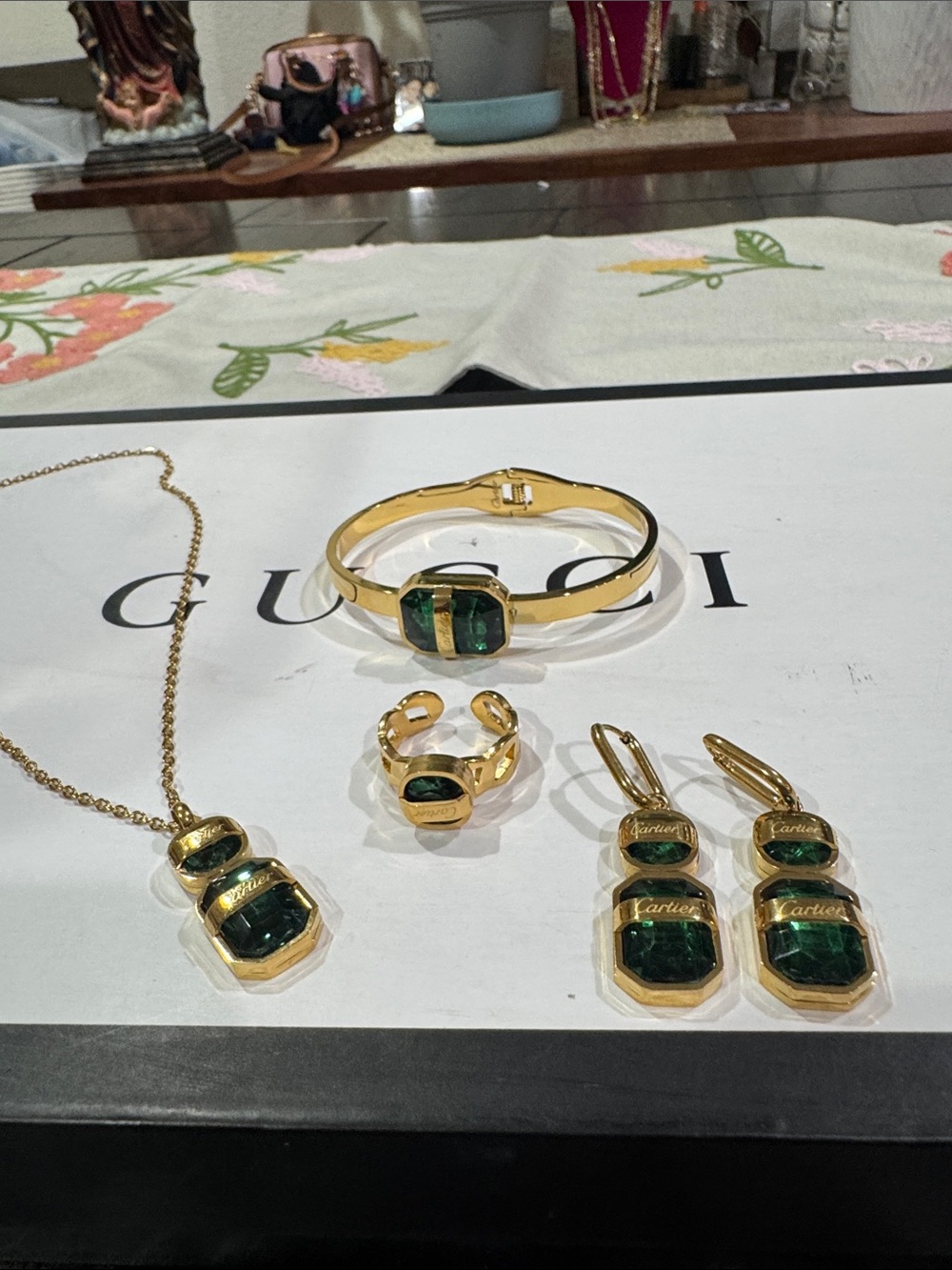 Gold-Tone Necklace, Bracelet, Ring & Earrings with Emerald Green Stones